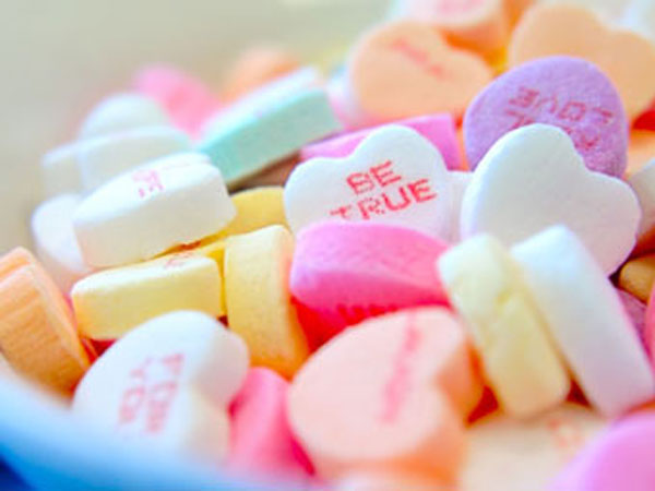 Bowl of candy hearts with sayings.