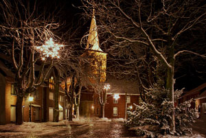 Old church in european town at night