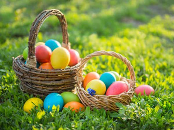 Easter baskets filled with colorful eggs.